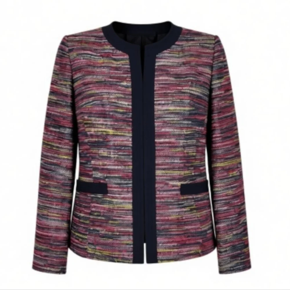 Kasper ASL Blazer Size 10P Multi Color Black Trim Textured Open Front Pockets